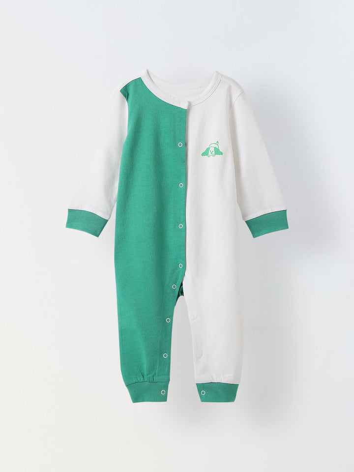 Green & White Cotton Jersey Romper with Dog Print for Infants