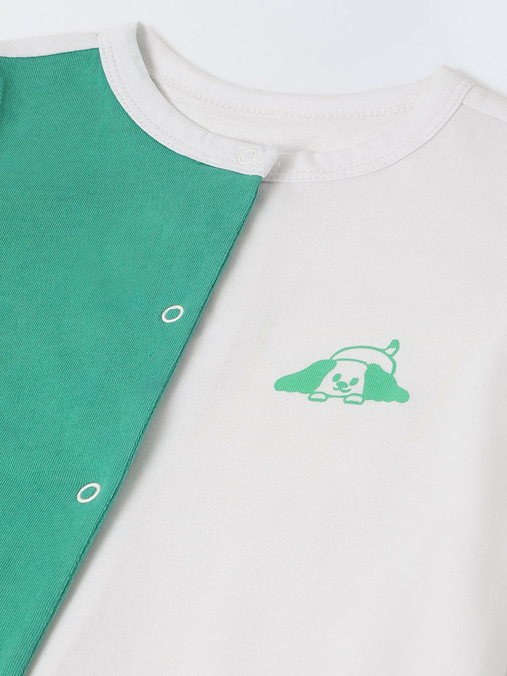 Green & White Cotton Jersey Romper with Dog Print for Infants