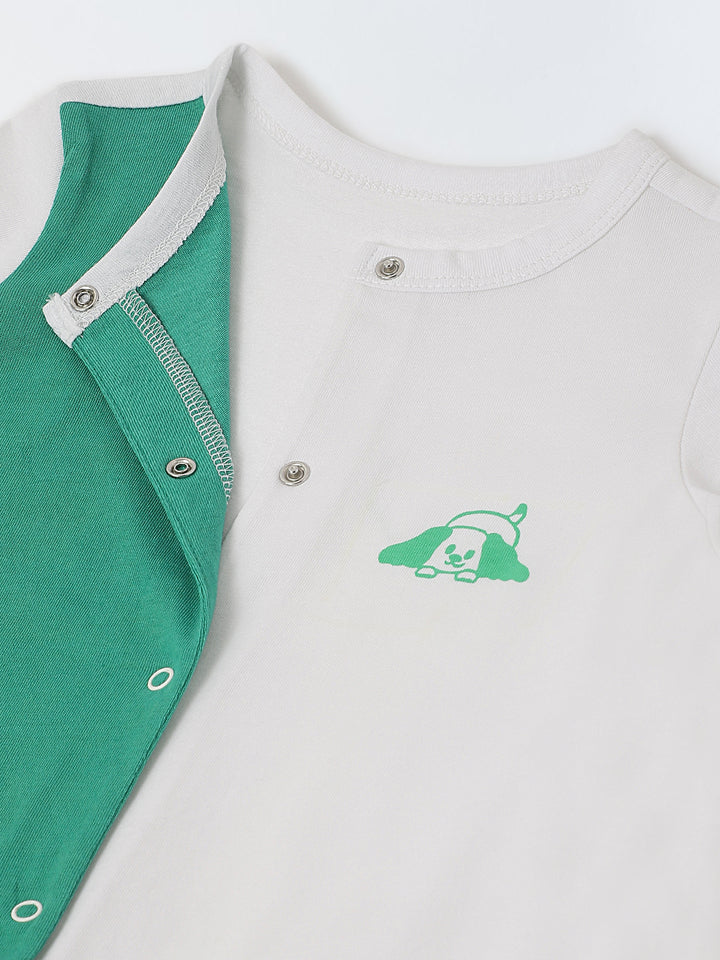 Green & White Cotton Jersey Romper with Dog Print for Infants