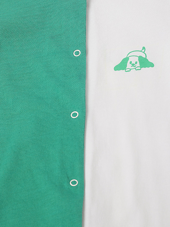Green & White Cotton Jersey Romper with Dog Print for Infants