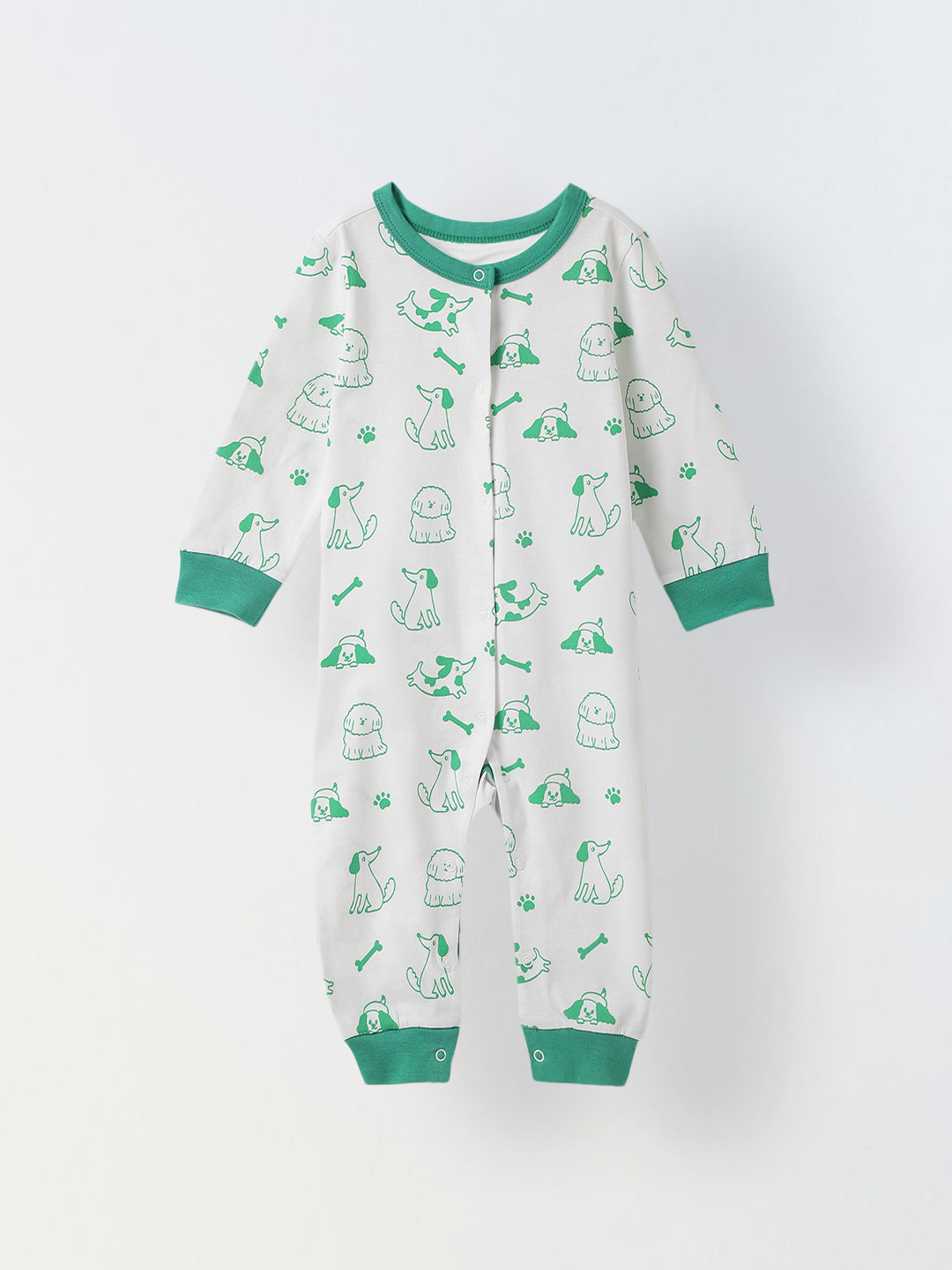 White & Green Cotton Jersey Romper with Dog's Print for Infants