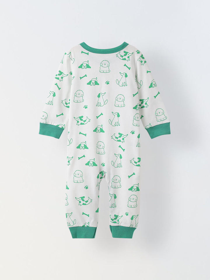 White & Green Cotton Jersey Romper with Dog's Print for Infants