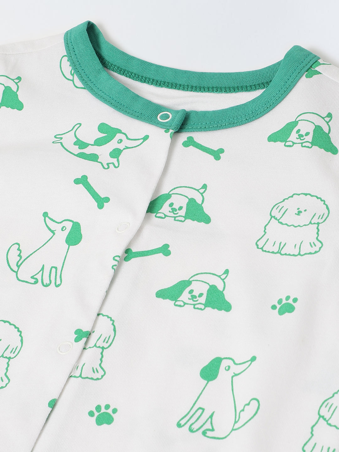 White & Green Cotton Jersey Romper with Dog's Print for Infants