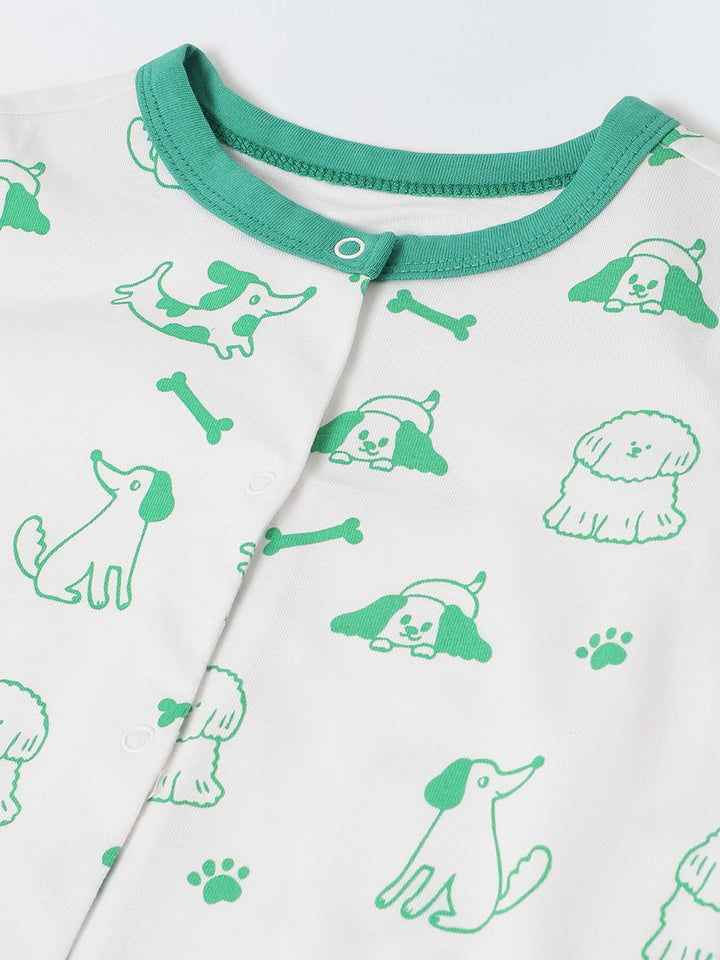 White & Green Cotton Jersey Romper with Dog's Print for Infants