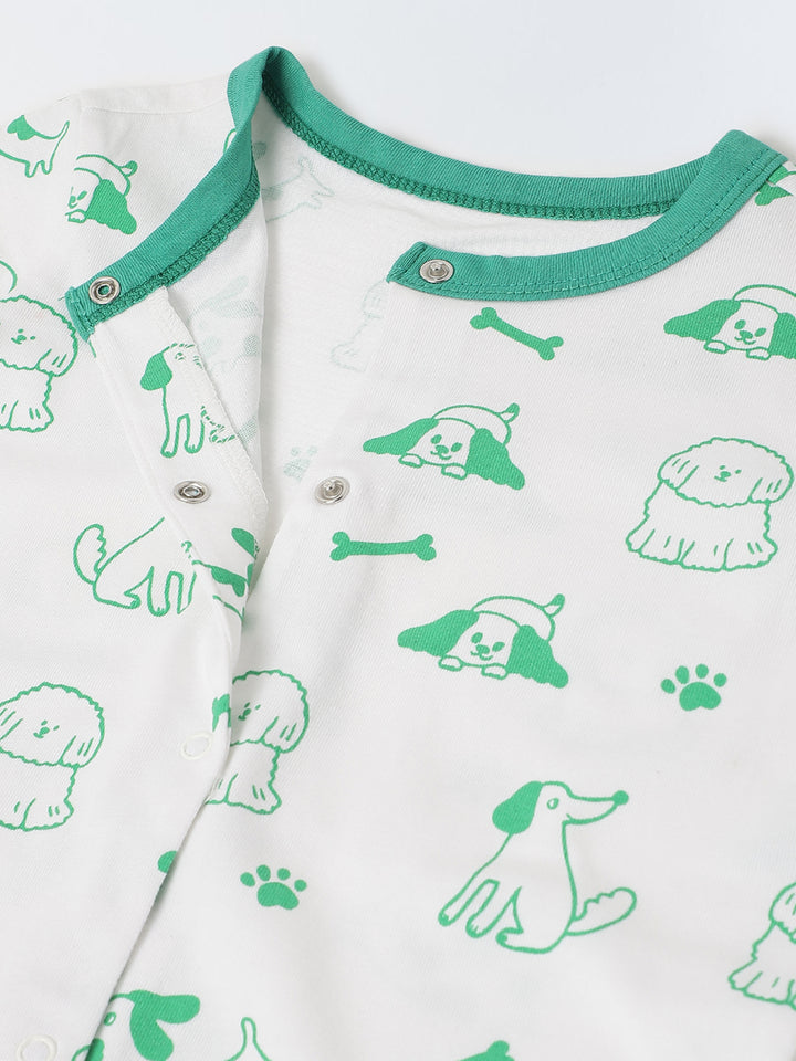 White & Green Cotton Jersey Romper with Dog's Print for Infants