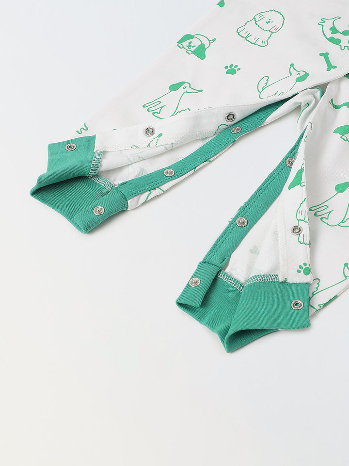 White & Green Cotton Jersey Romper with Dog's Print for Infants