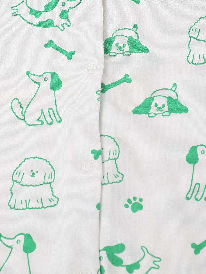 White & Green Cotton Jersey Romper with Dog's Print for Infants