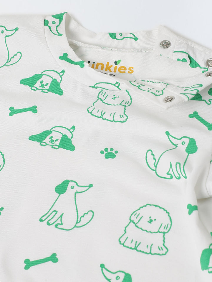 Infant Cotton White and Green Full Sleeve Printed Sets