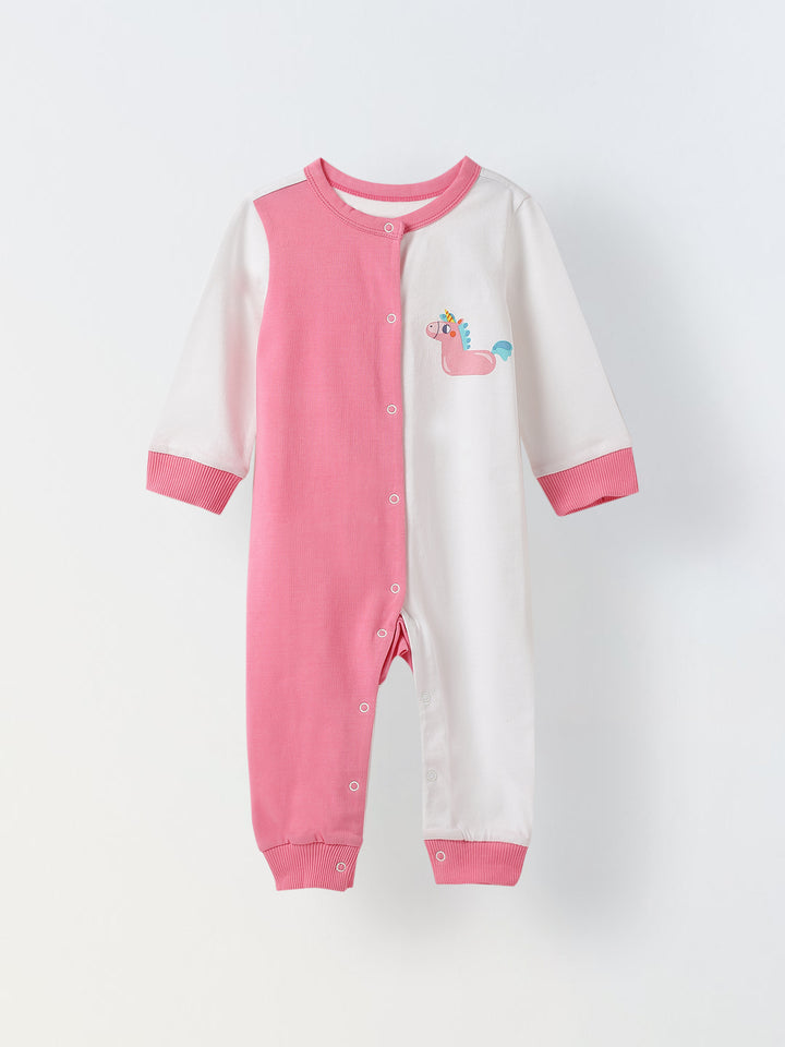 Infant Cotton White and Pink  Full Sleeve Printed Romper