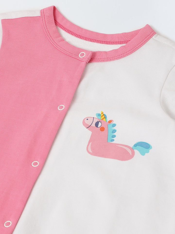 Infant Cotton White and Pink  Full Sleeve Printed Romper