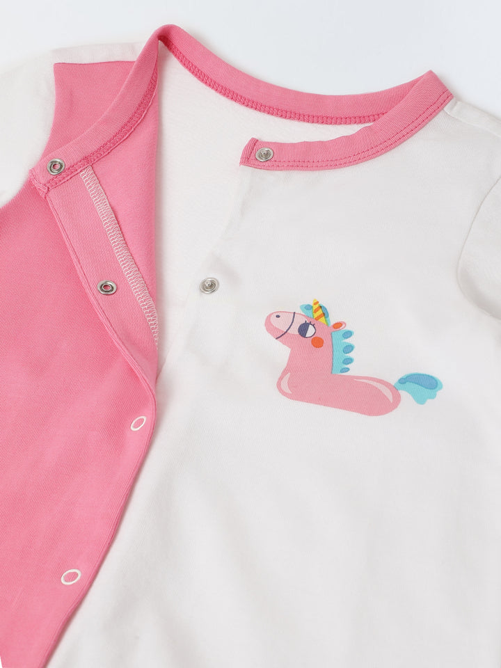 Infant Cotton White and Pink  Full Sleeve Printed Romper