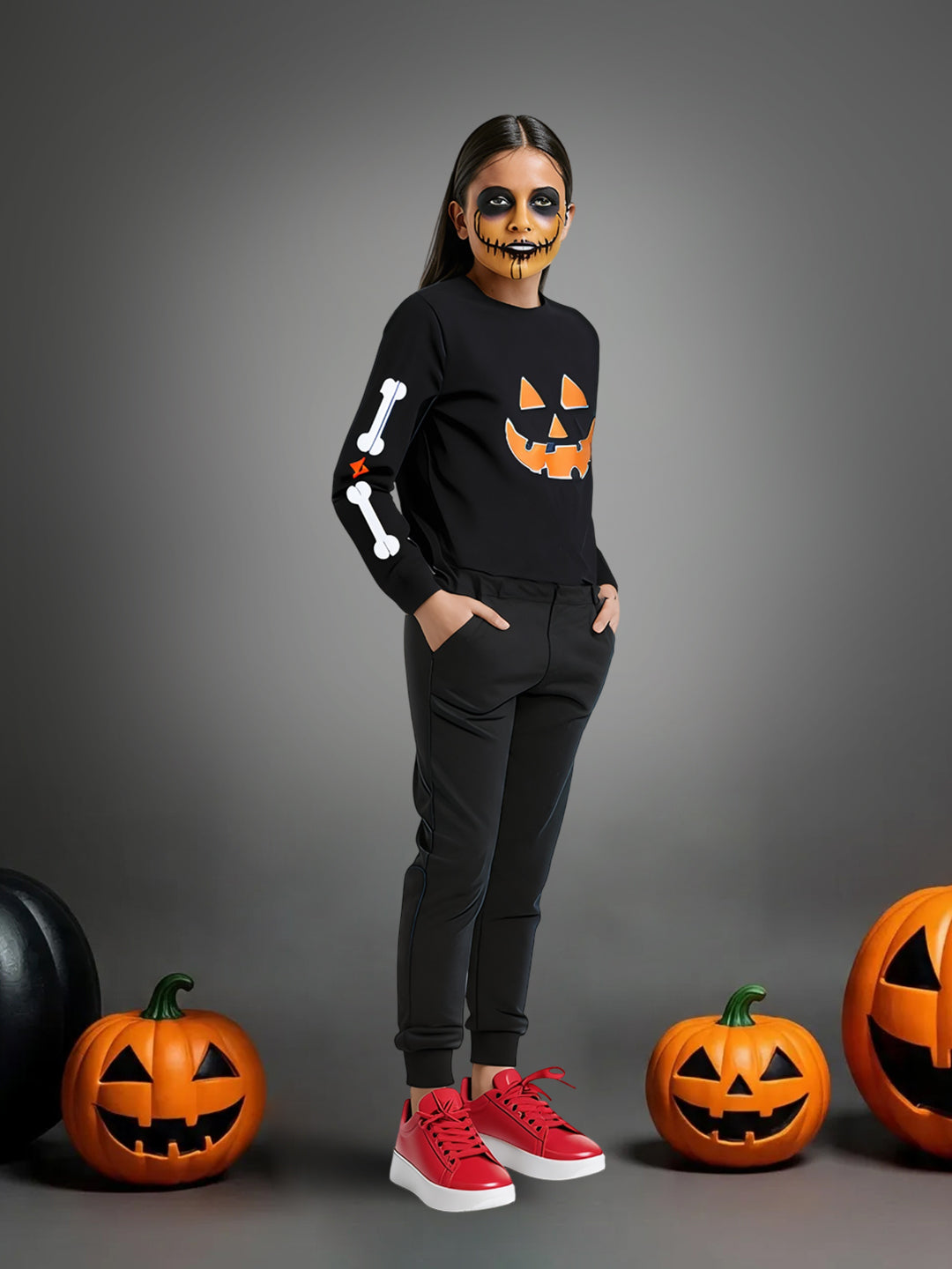 Girls Black Jack-o'-Lantern Printed Sweatshirt