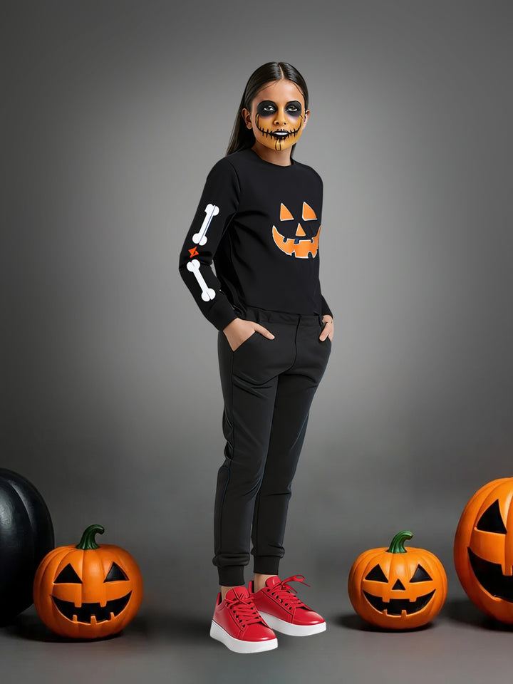 Girls Black Jack-o'-Lantern Printed Sweatshirt