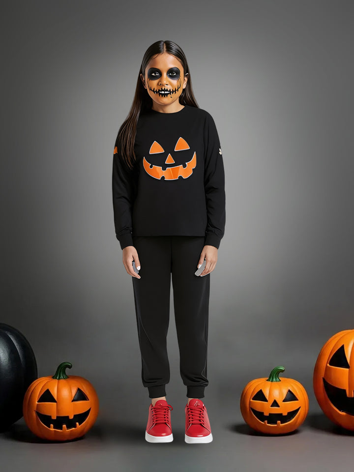 Girls Black Jack-o'-Lantern Printed Sweatshirt