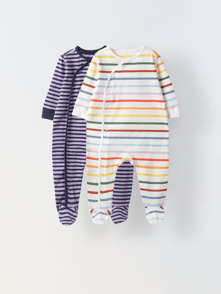 Pack of 2 Infant Cotton White/Purple Striped  Full Body Romper