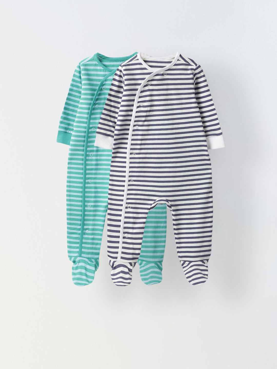Pack of 2 Infant Cotton White/Green Striped  Full Body Rompers