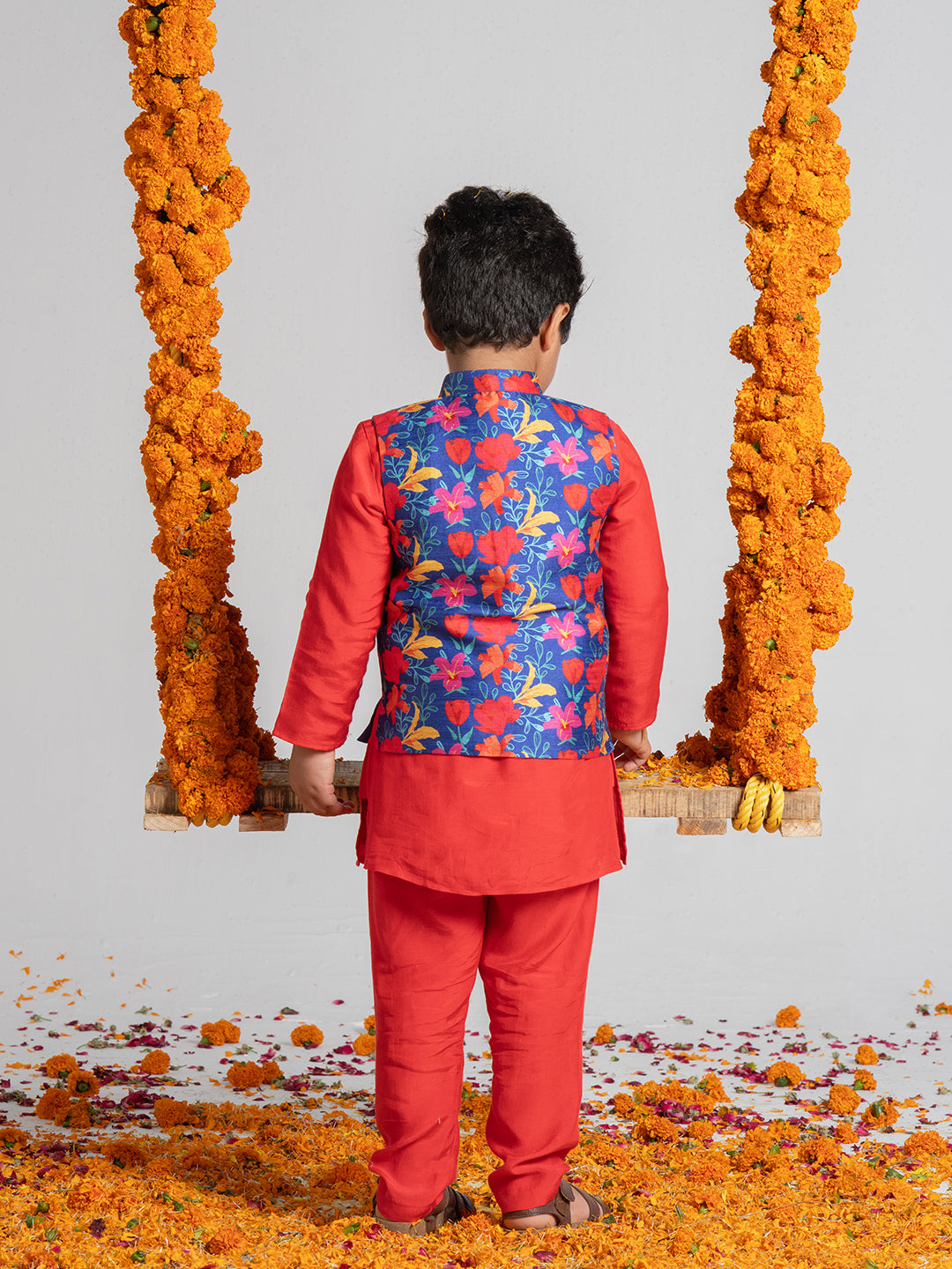 Bright Red color kurta set with printed floral jacket For Boys