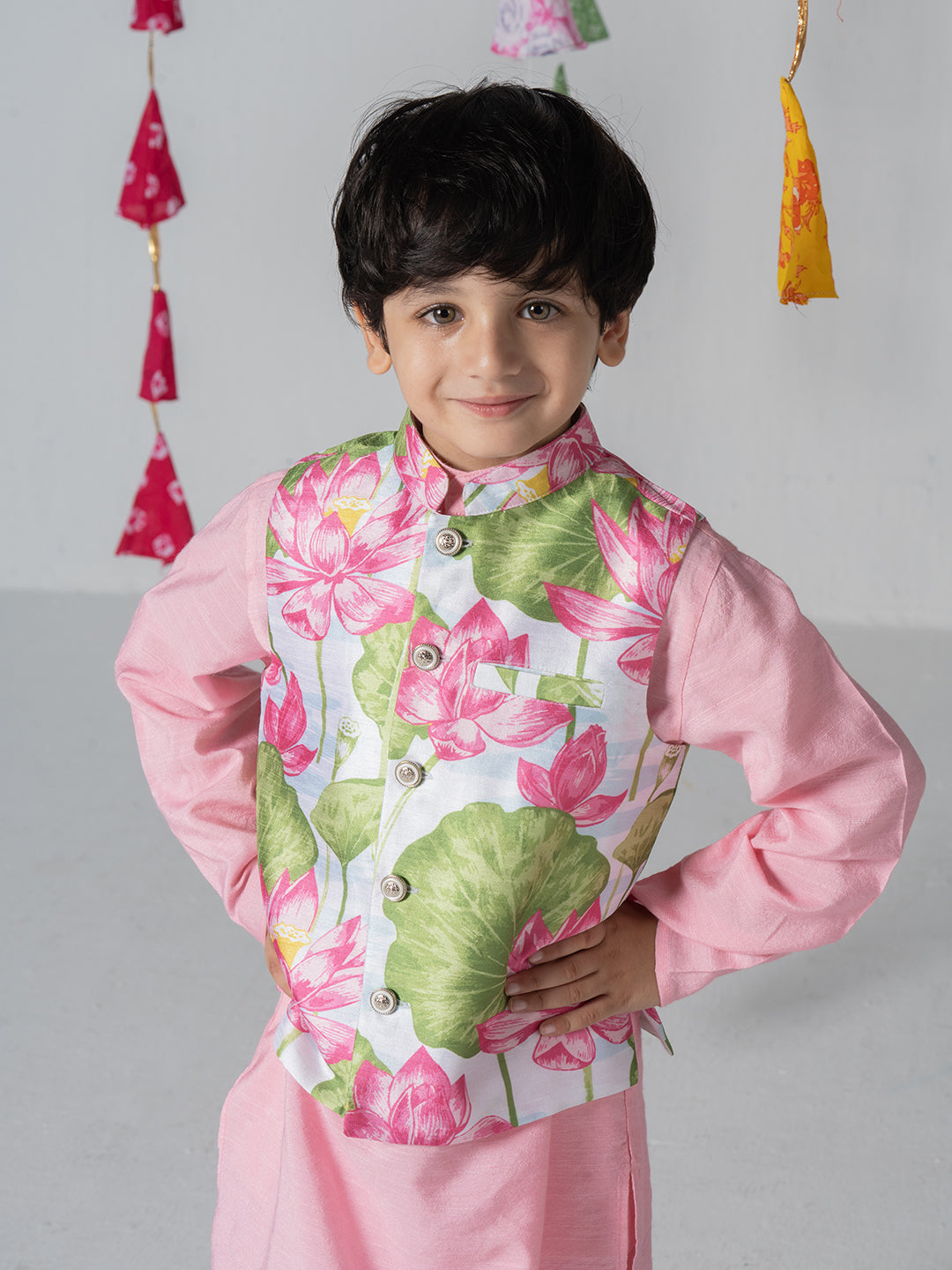 Pink kurta set with lotus print jacket For Boys