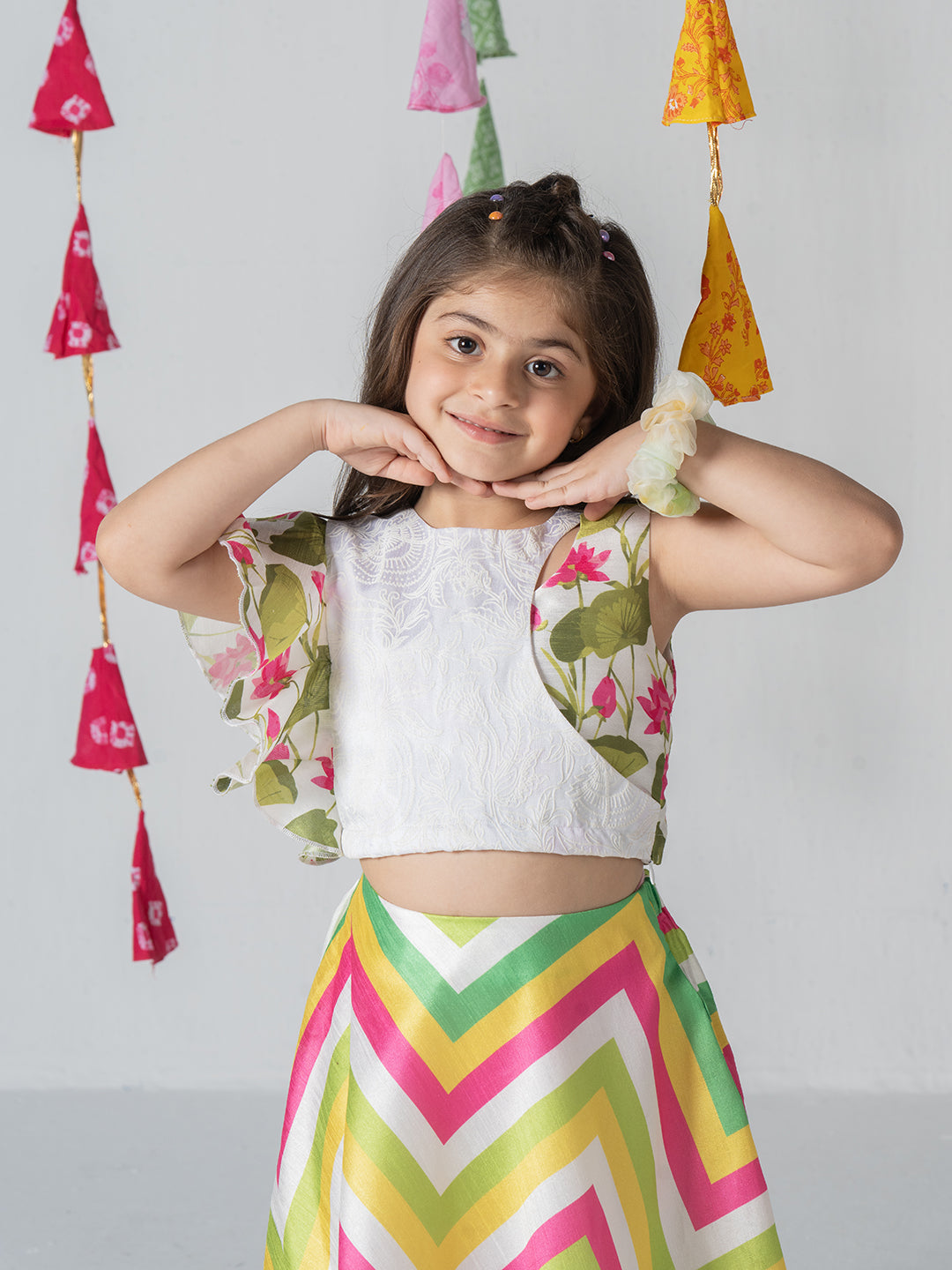 Asymmetrical stylish top with multicolor printed umbrella skirt for Girls