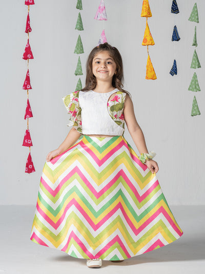 Asymmetrical stylish top with multicolor printed umbrella skirt for Girls