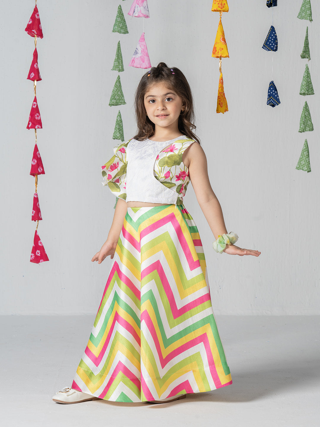 Asymmetrical stylish top with multicolor printed umbrella skirt for Girls