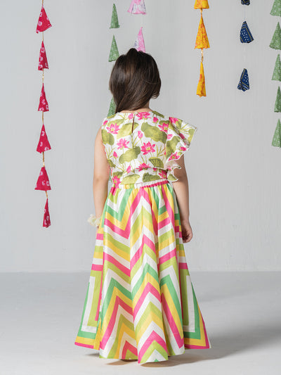 Asymmetrical stylish top with multicolor printed umbrella skirt for Girls