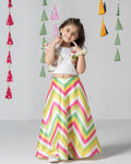 Asymmetrical stylish top with multicolor printed umbrella skirt for Girls