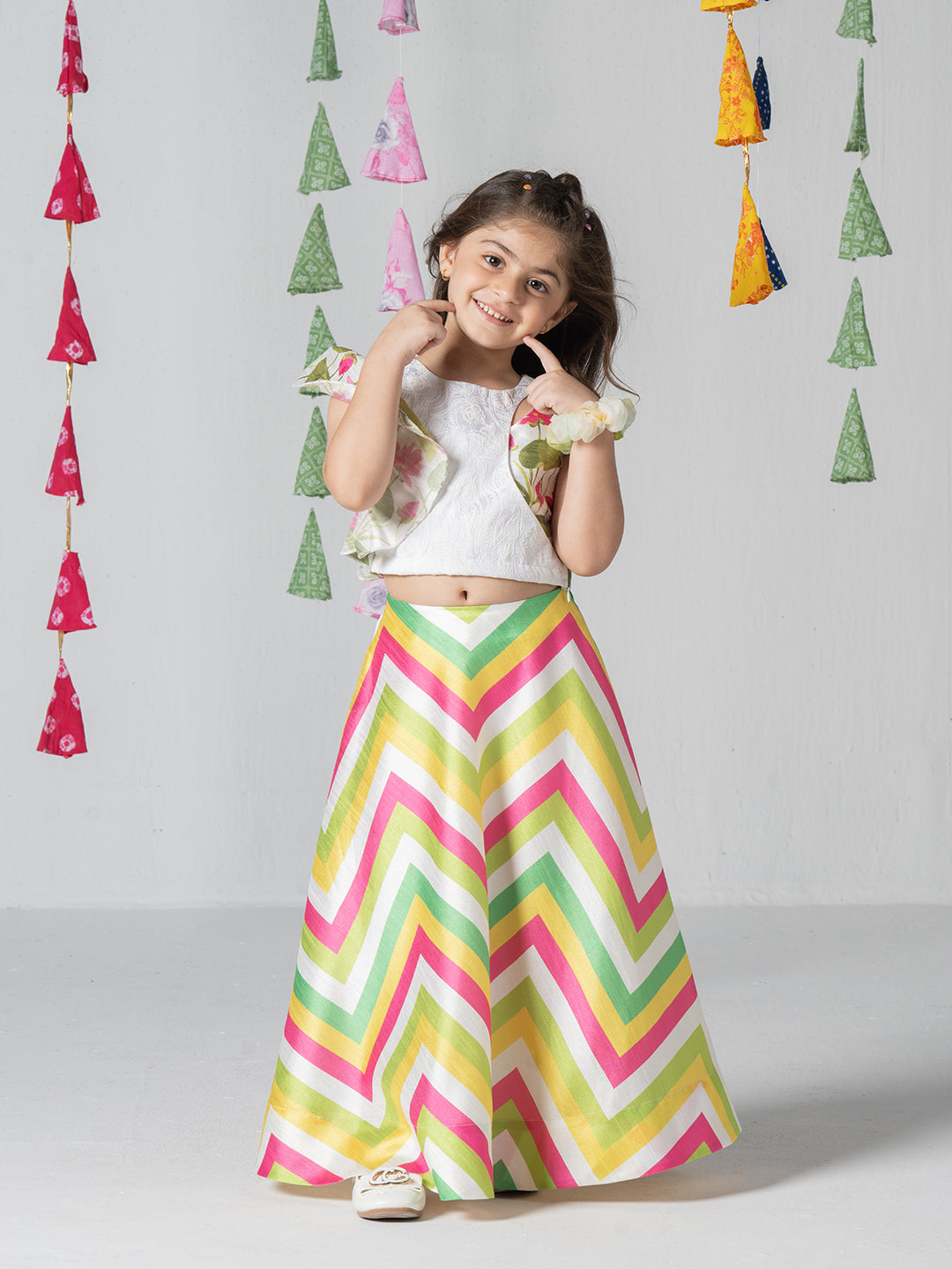 Asymmetrical stylish top with multicolor printed umbrella skirt for Girls