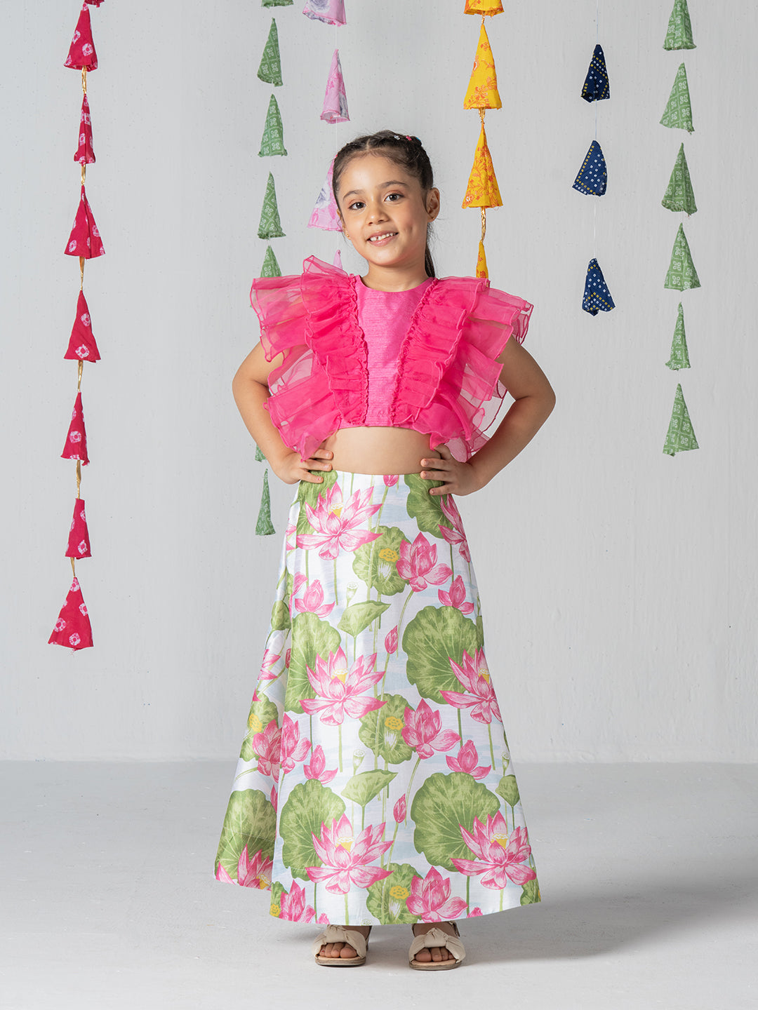 Dazzling frill top with printed skirt for Girls