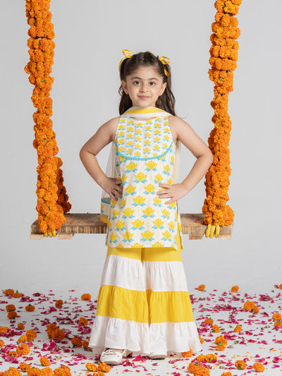 Summery White And Yellow Kurta Set In Prints for Girls