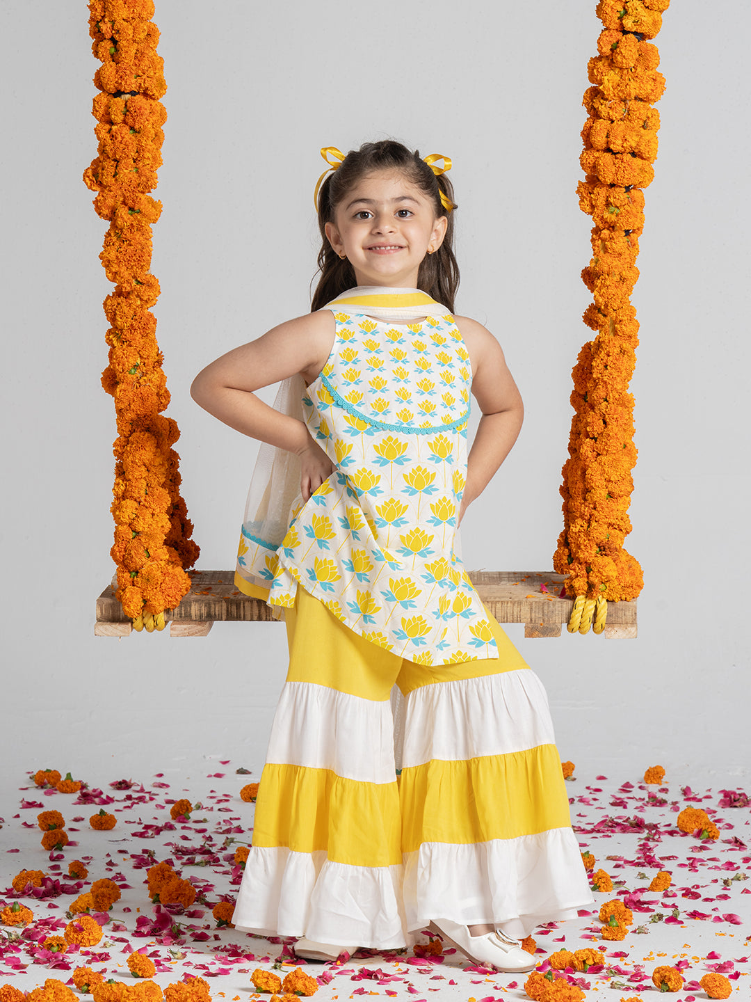 Summery White And Yellow Kurta Set In Prints for Girls