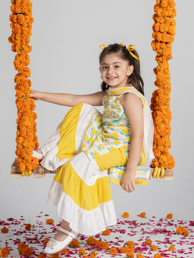 Summery White And Yellow Kurta Set In Prints for Girls