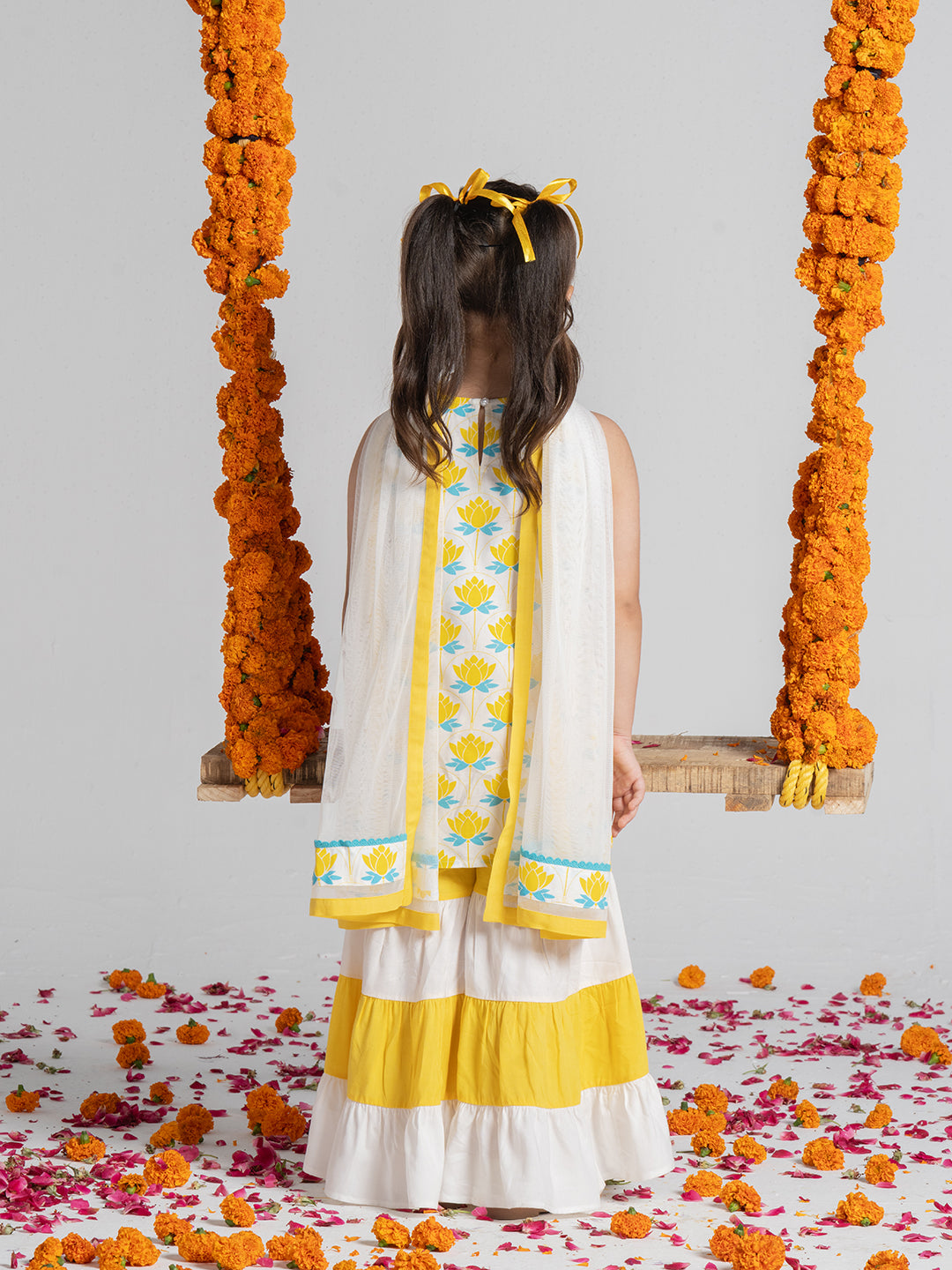 Summery White And Yellow Kurta Set In Prints for Girls