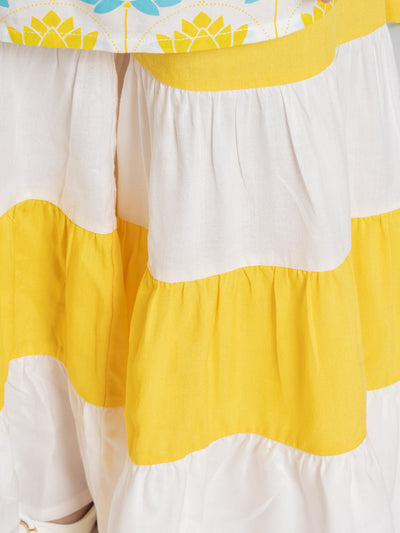 Summery White And Yellow Kurta Set In Prints for Girls