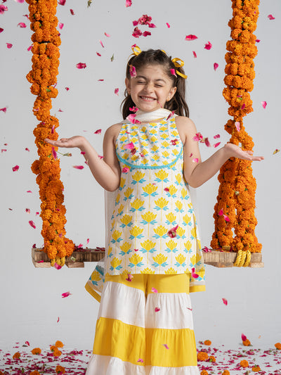 Summery White And Yellow Kurta Set In Prints for Girls