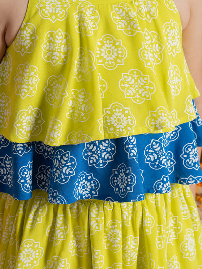 Printed Strappy Top And Layered Skirt Set for Girls