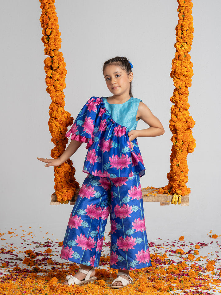 Printed Frilled one shoulder boho top with comfortable pant for Girls