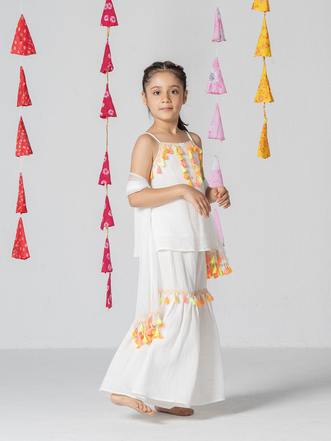 Girls White Kurta Set With Fringe Tape