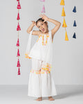 Girls White Kurta Set With Fringe Tape