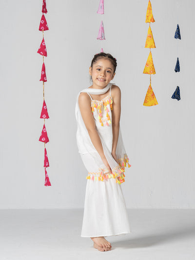 Girls White Kurta Set With Fringe Tape