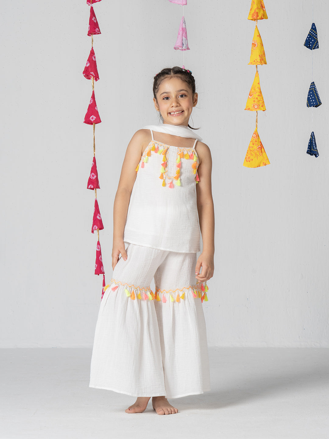 Girls White Kurta Set With Fringe Tape