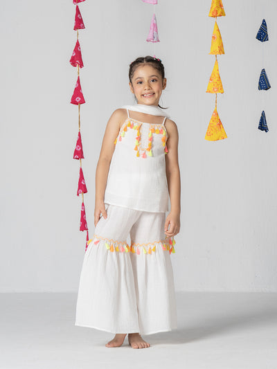 Girls White Kurta Set With Fringe Tape