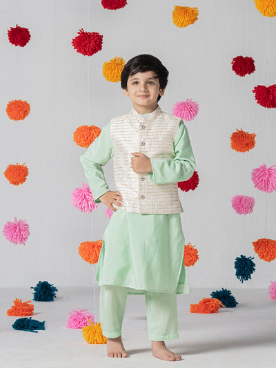 Mint green kurta set with white jacquard jacket For Boys