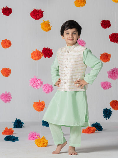 Mint green kurta set with white jacquard jacket For Boys