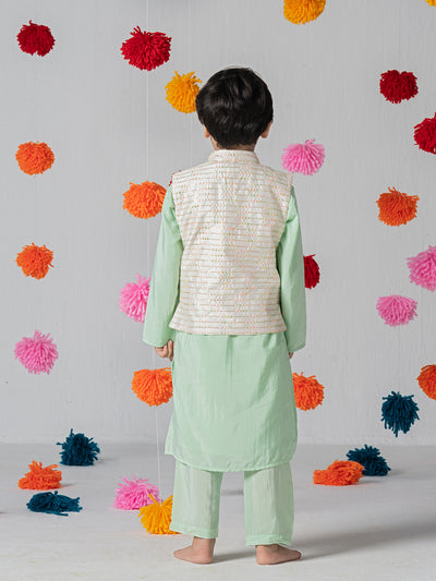 Mint green kurta set with white jacquard jacket For Boys