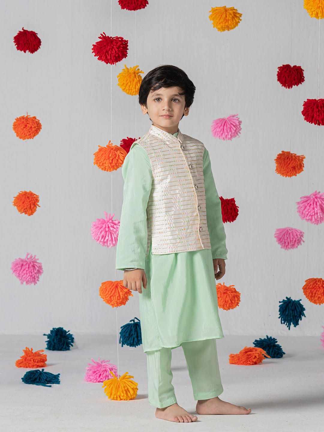 Mint green kurta set with white jacquard jacket For Boys