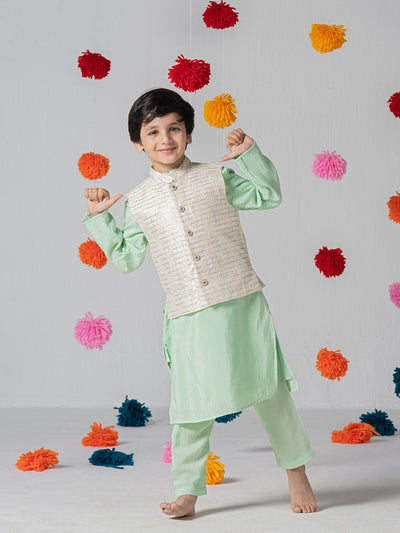 Mint green kurta set with white jacquard jacket For Boys