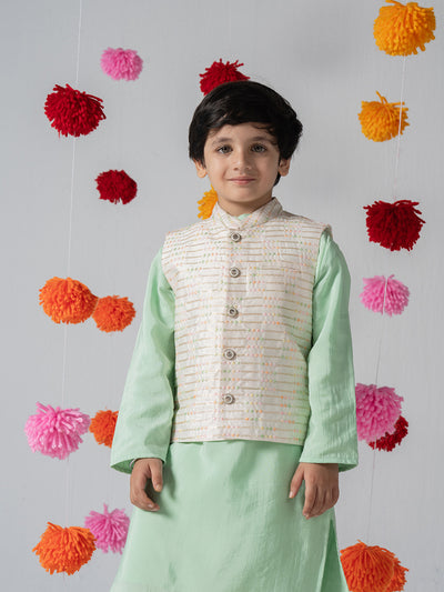 Mint green kurta set with white jacquard jacket For Boys