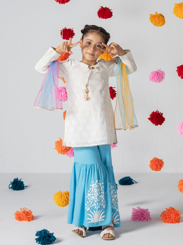 Full sleeve kurta and sharara set with multicolor dupatta for Girls