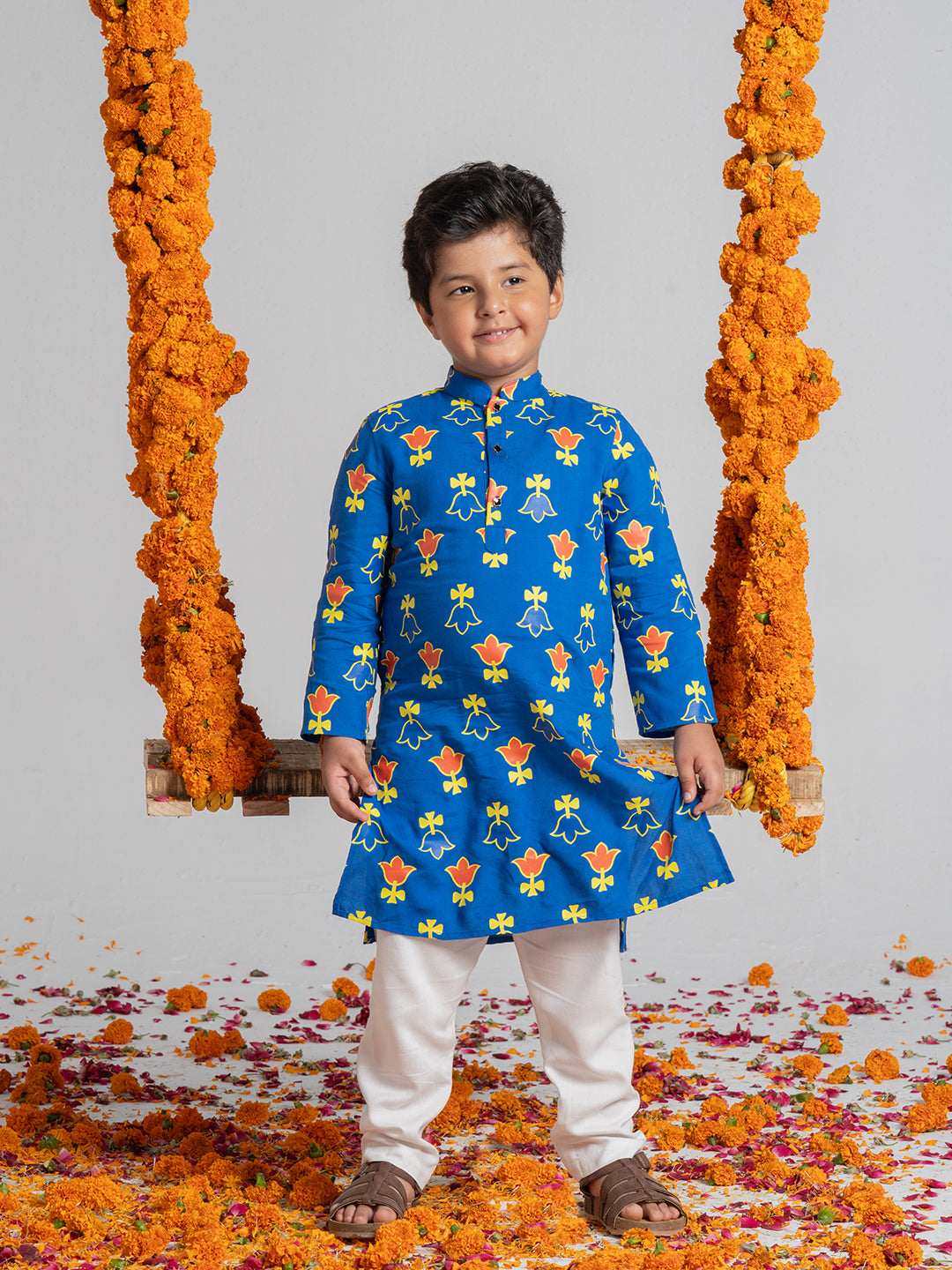 Flower Design Kurta Set In Blue For Boys